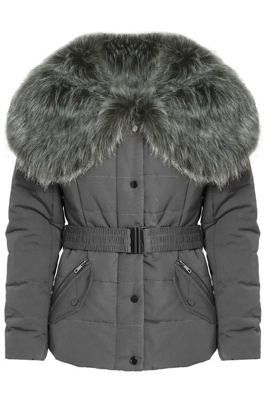 Grey Quilted Jacket with Heavy Fur Collar 