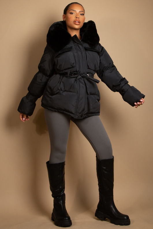 Black Quilted Jacket with Heavy Fur Collar