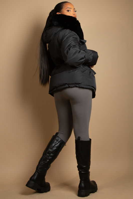 Black Quilted Jacket with Heavy Fur Collar
