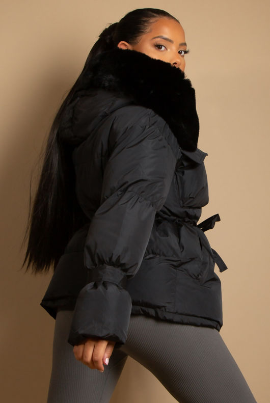 Black Quilted Jacket with Heavy Fur Collar