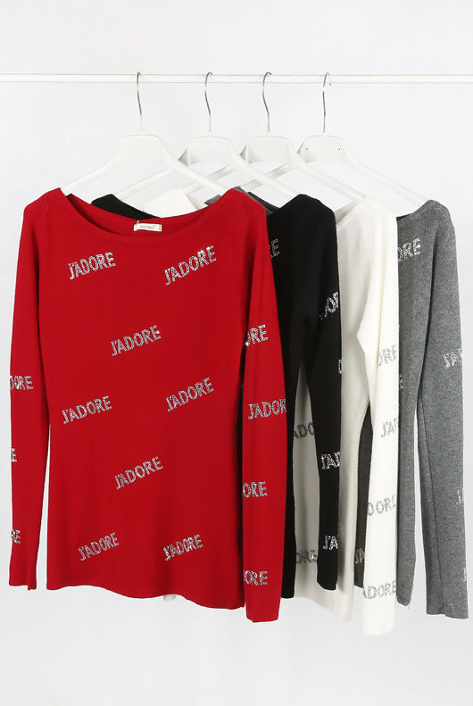 Grey Studded Jadore Slogan Knitted Jumper