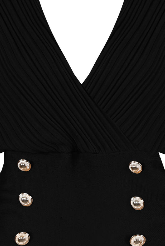 Black Golden Button Trim Low Neck Wrap Up Tops