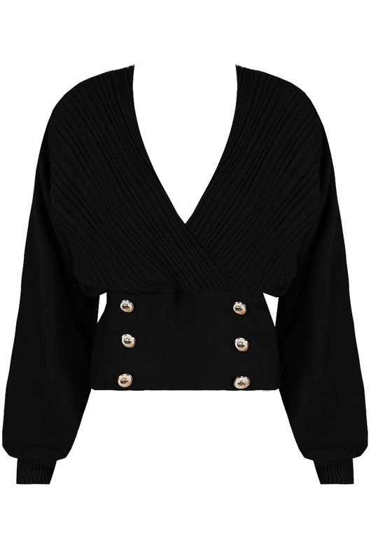 Black Golden Button Trim Low Neck Wrap Up Tops