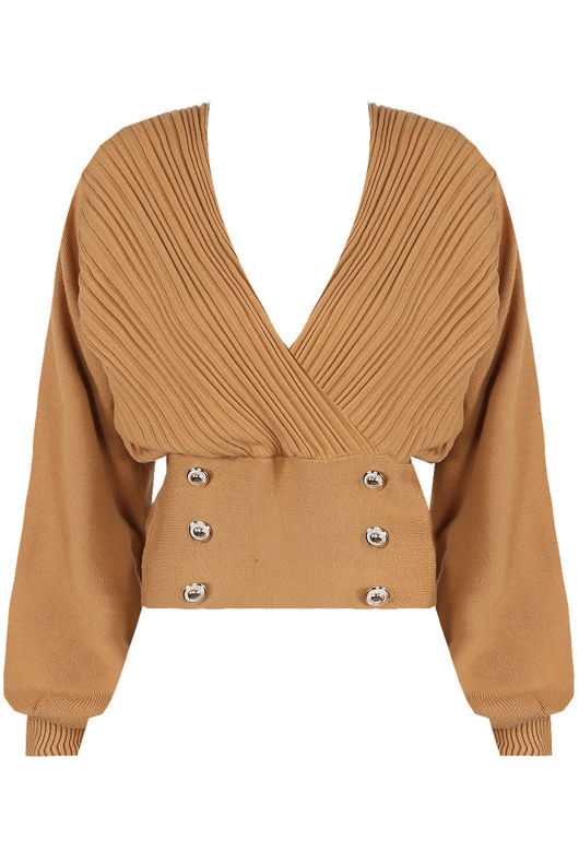 Camel Golden Button Trim Low Neck Wrap Up Tops