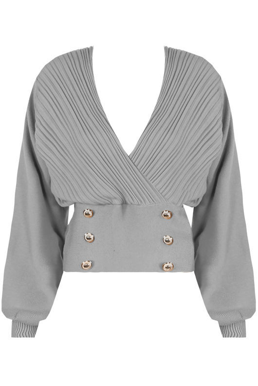 Grey Golden Button Trim Low Neck Wrap Up Tops