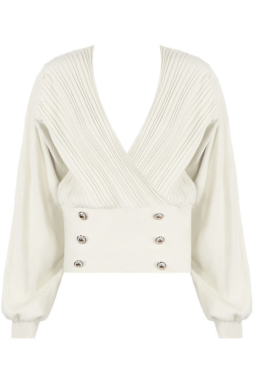 White Golden Button Trim Low Neck Wrap Up Tops