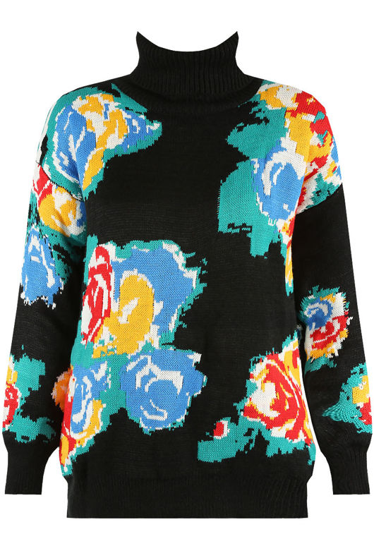 Floral Polo Neck Jumper in Black