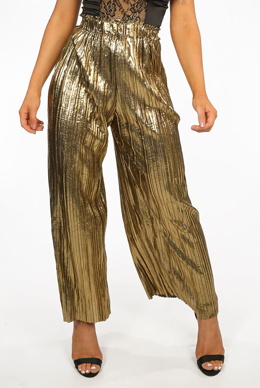 Gold Pleated Foil Wide Leg Trousers