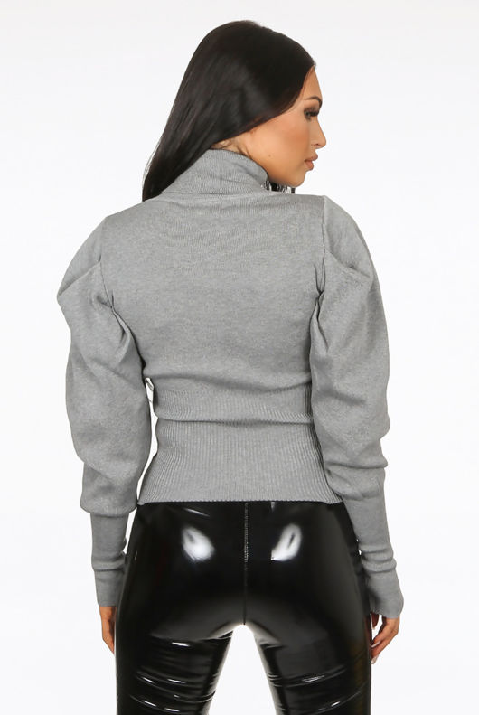 Grey Pleated Sleeve High Neck Ribbed Jumper