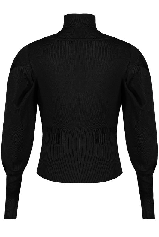 Black Pleated Sleeve High Neck Ribbed Jumper