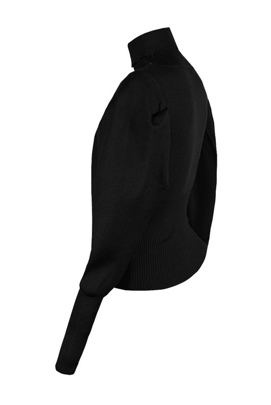 Black Pleated Sleeve High Neck Ribbed Jumper