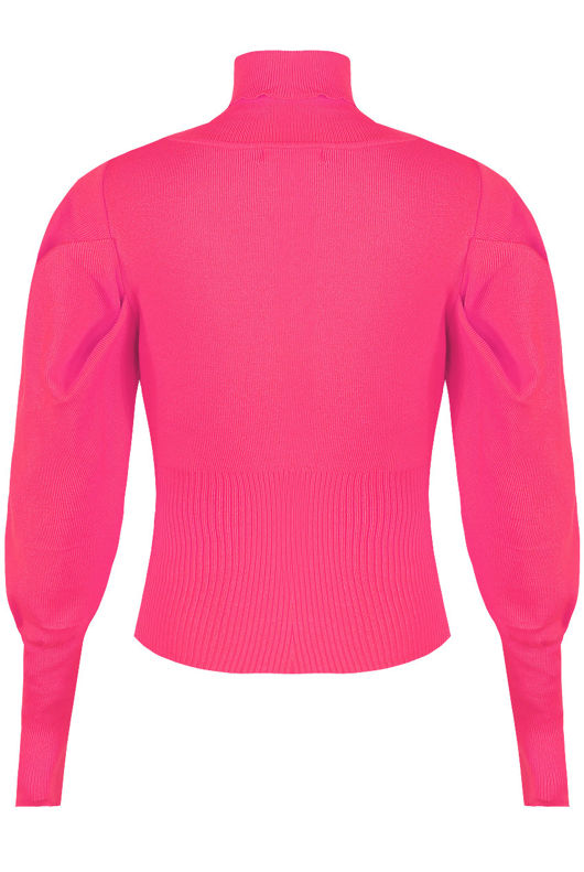 Fuchsia Pleated Sleeve High Neck Ribbed Jumper