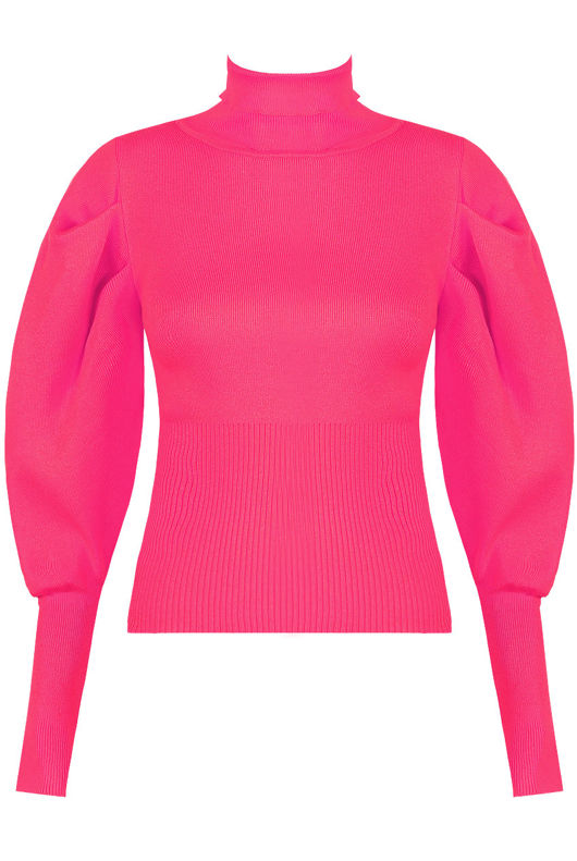 Fuchsia Pleated Sleeve High Neck Ribbed Jumper