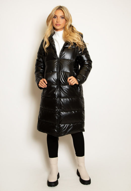 Black High Shine Hooded Long Puffer Jacket
