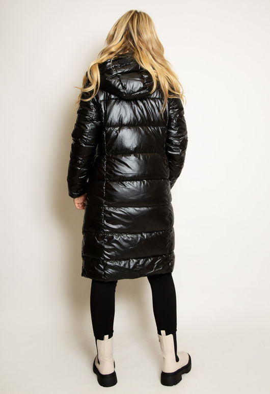 Black High Shine Hooded Long Puffer Jacket
