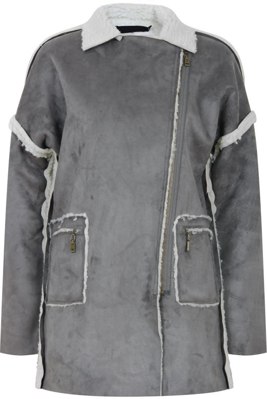  Grey Suede Textured Aviator Coat 