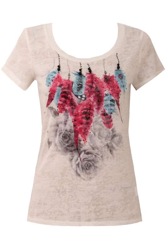 Cream Embellished Textured Floral T-Shirt