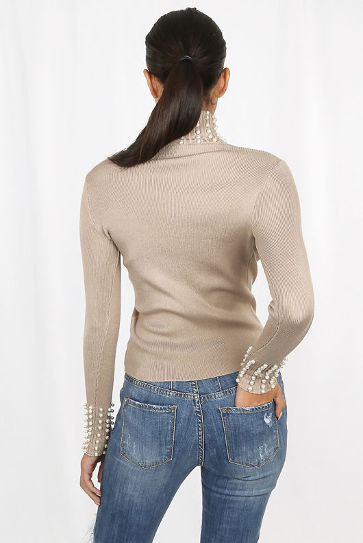 Beige Pearl Trim High Neck Knitted Jumper