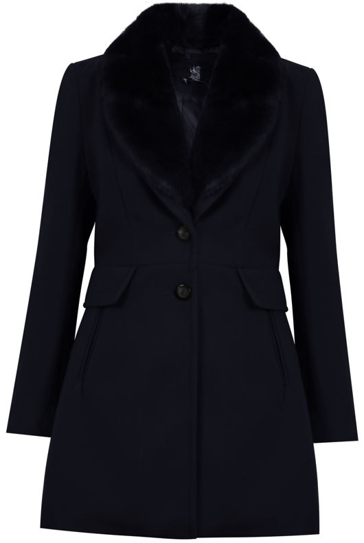 Navy Soft Fur Collar Long Coat