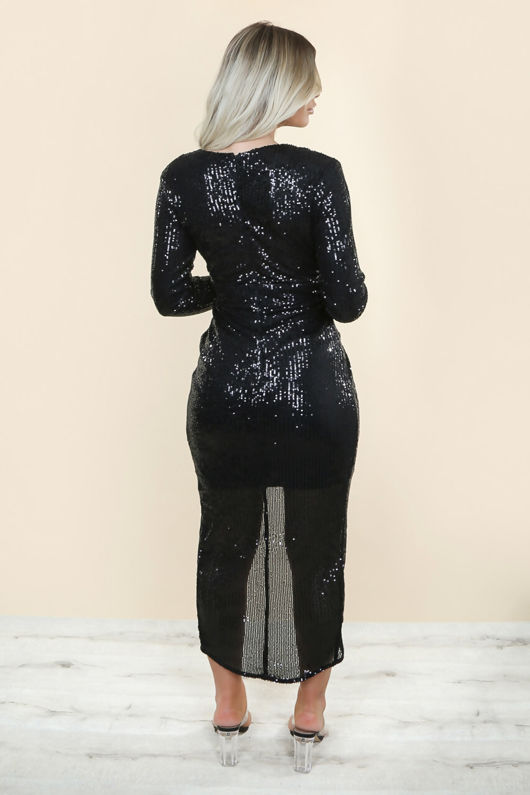 Black Sequin Wrap Look Midi Dress