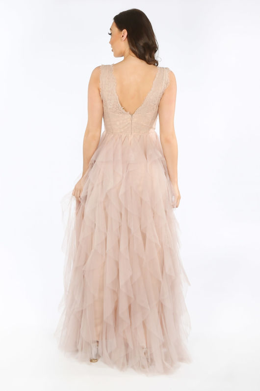 Lace & Ruffle Tulle Sleeveless Maxi Dress In Nude