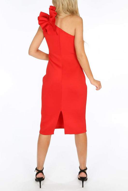 Red Neoprene One Shoulder Frill Trim Dress