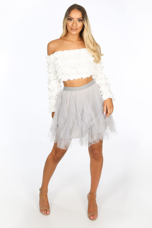 Ruffle Draped Mini Tulle Skirt In Grey