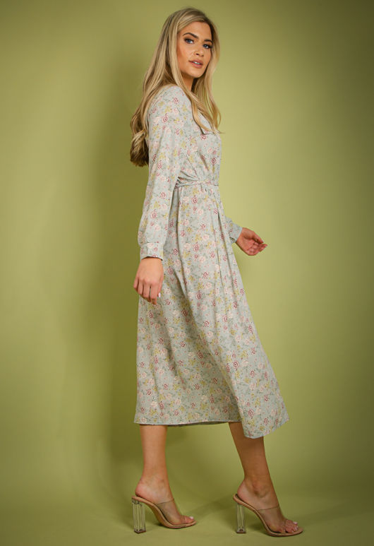Mint Vintage Floral Print Belted Shirt Dress