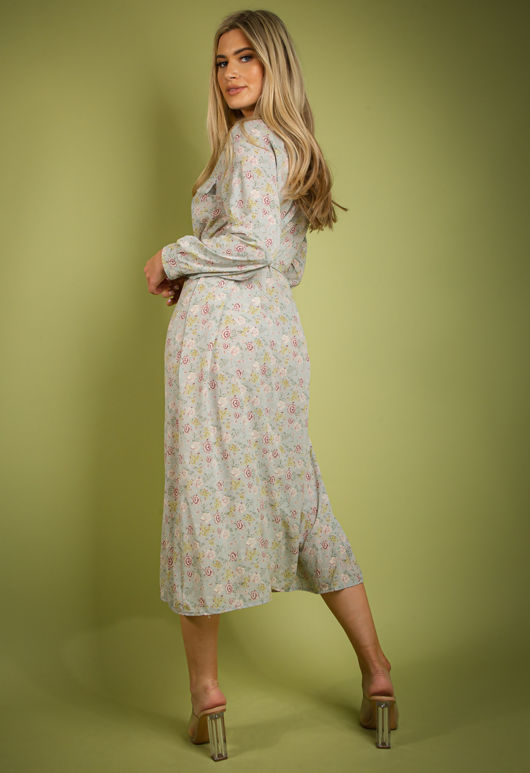 Mint Vintage Floral Print Belted Shirt Dress