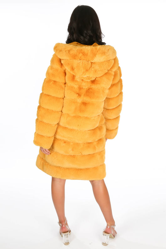 Mustard Long Faux Fur Coat With Hood