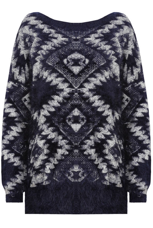 Blue Zic Zag Diamond print  Detail Mohair Jumper