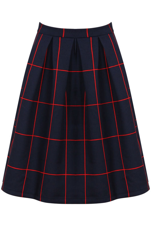 Navy Pintuck Pleated Flared Skirt