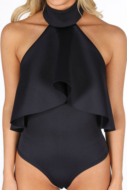 Navy Neoprene Frill Halter Neck Bodysuit