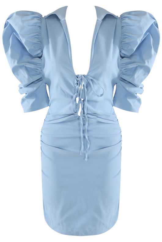 Sky Blue Puffed Sleeves Plunge Neck Dress