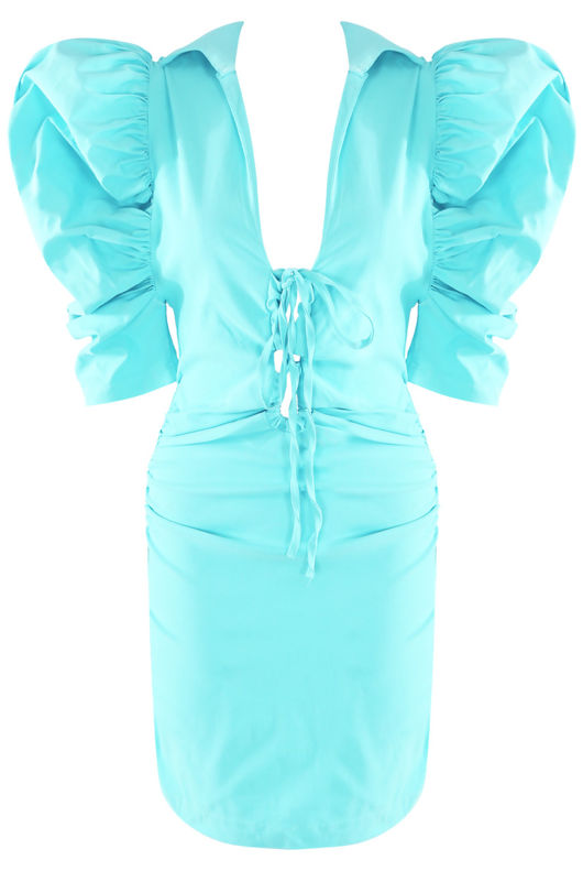 Mint Belle Puffed Sleeves Plunge Neck Dress
