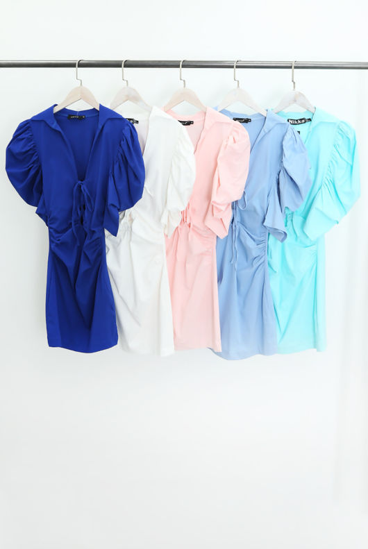 White Puffed Sleeves Plunge Neck Dress