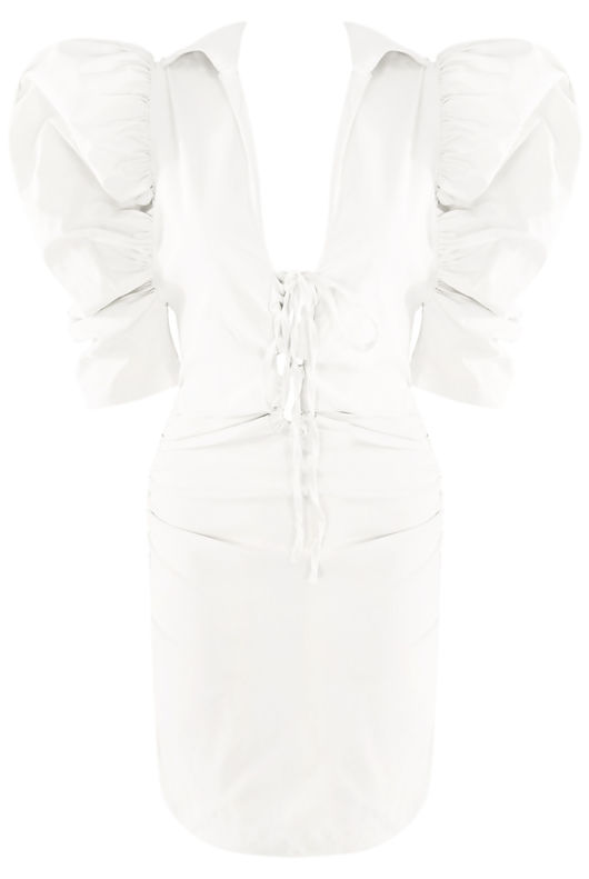 White Puffed Sleeves Plunge Neck Dress