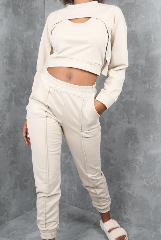Beige Arm Warmer & Vest 3 Piece Loungewear Set
