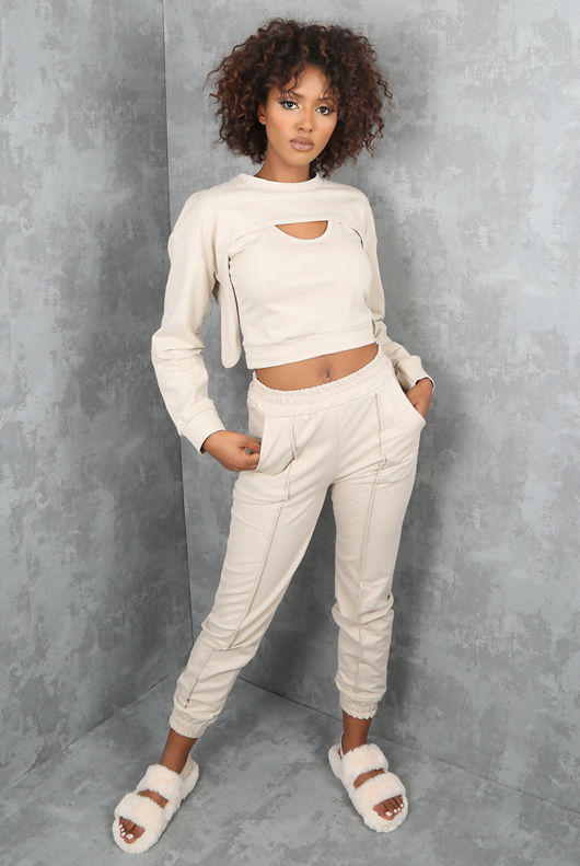 Beige Arm Warmer & Vest 3 Piece Loungewear Set