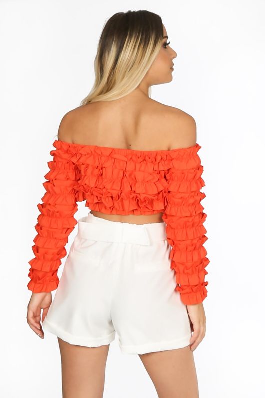 Orange Ruffle Long Sleeve Crop Top