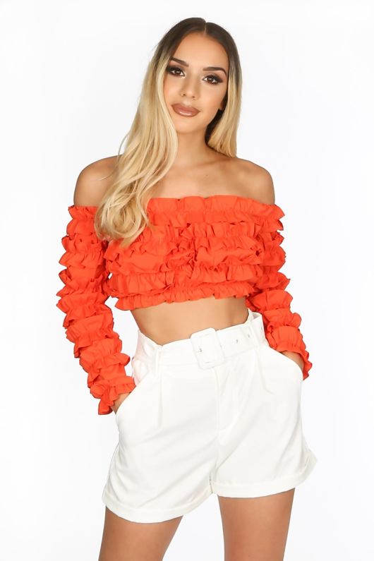 Orange Ruffle Long Sleeve Crop Top