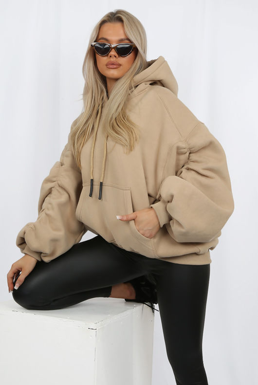 Grey Ruched Sleeve Hooded Sweatshirt