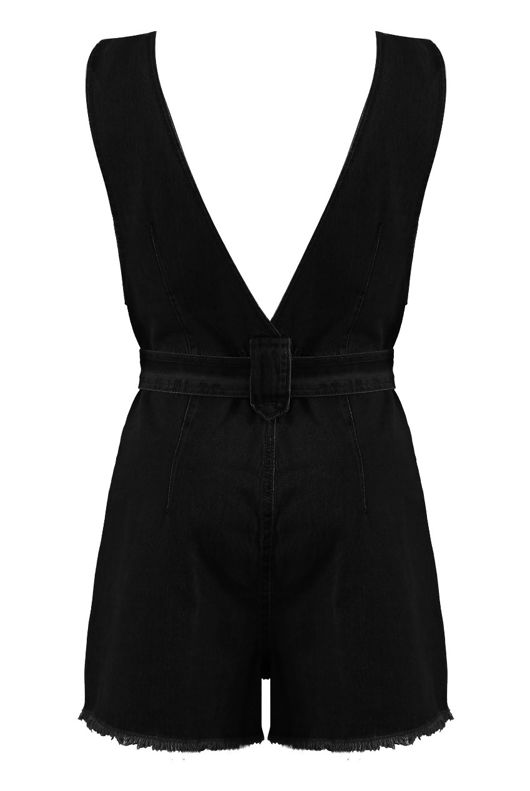 Black Plunge Neck Tie Up Denim Playsuit