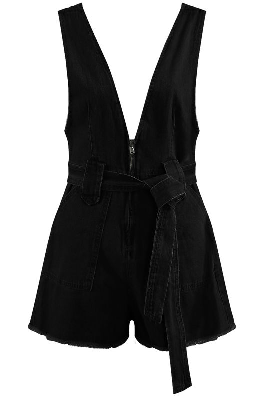 Black Plunge Neck Tie Up Denim Playsuit
