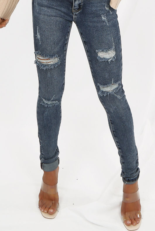 Light Blue Denim Ripped Trim Skinny Jeans