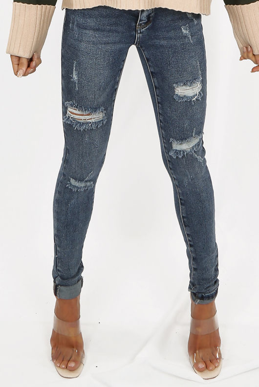 Light Blue Denim Ripped Trim Skinny Jeans