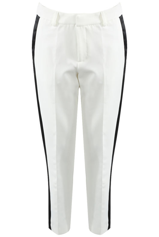 White Side Ribbon Trim Tailored Pants