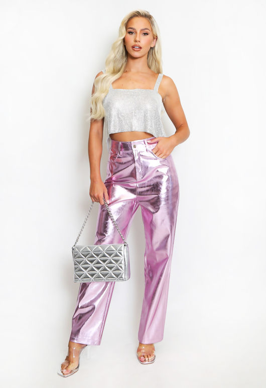 Pink Metallic Straight Leg Jeans