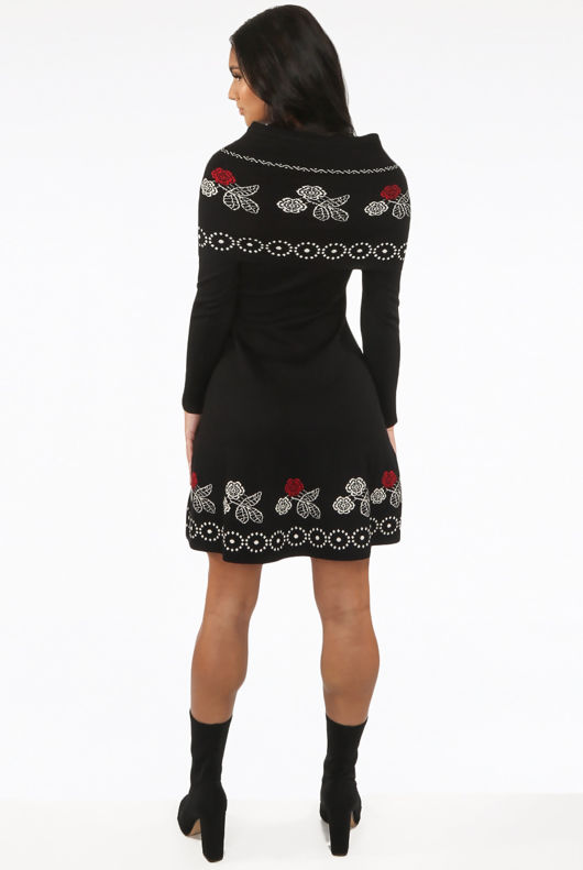 Black Fine Knit Floral Print Bodycon Dress