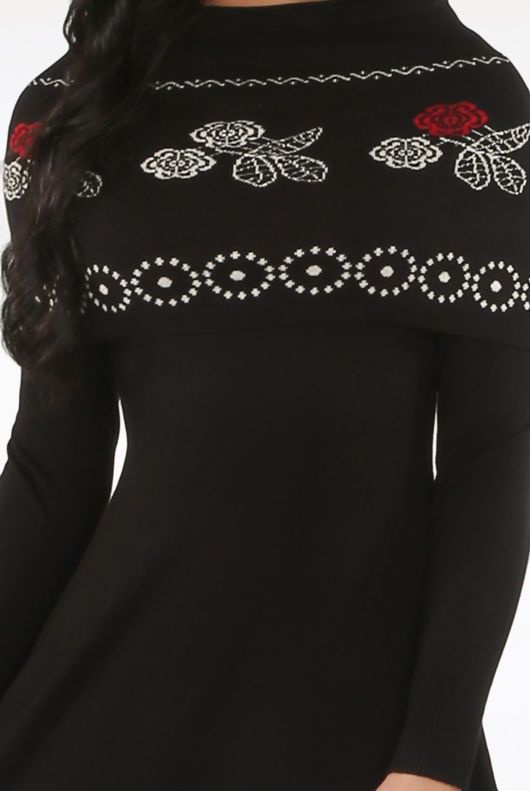 Black Fine Knit Floral Print Bodycon Dress
